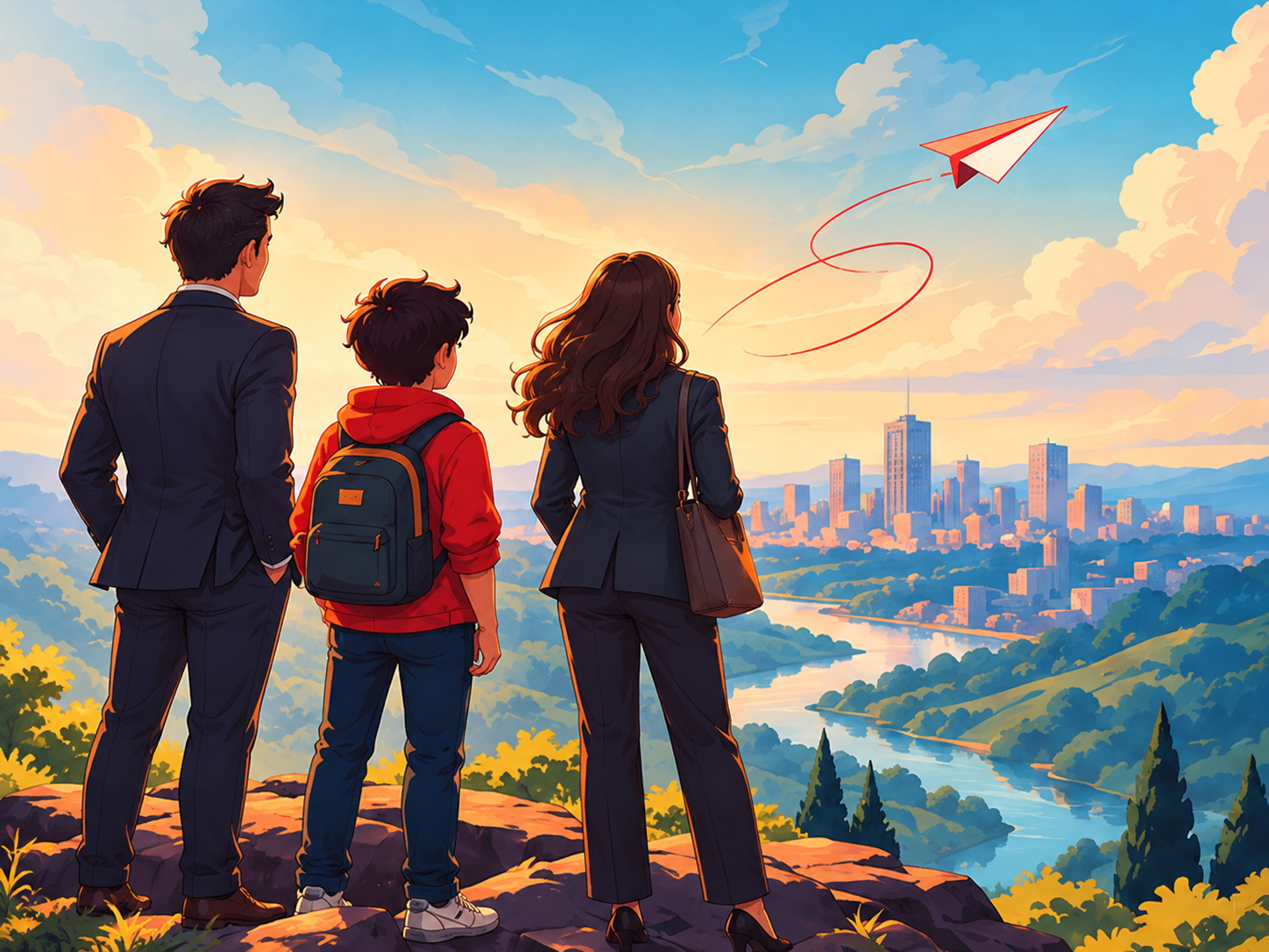 Um jovem, um empresário e uma empresária observando o horizonte e a cidade, representando novas perspectivas para o futuro